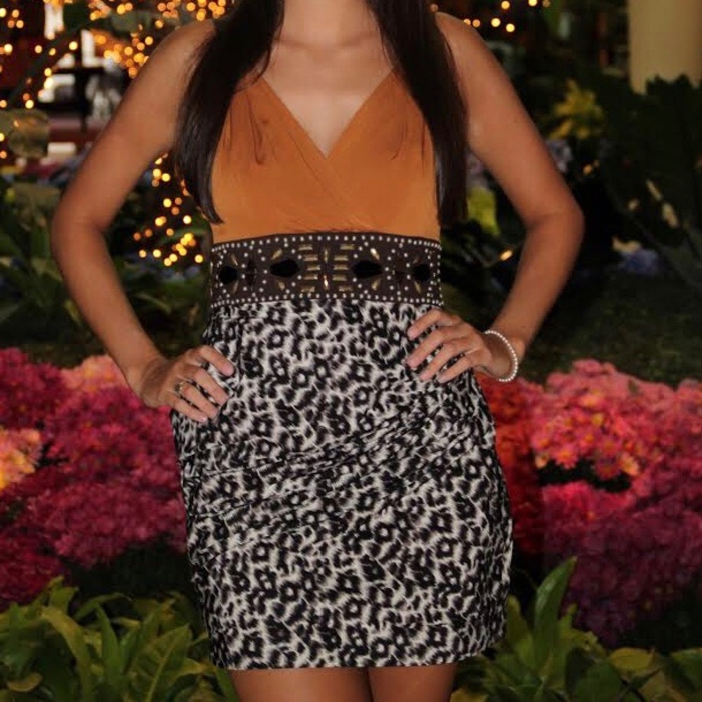 Bebe Beaded Animal Print Dress